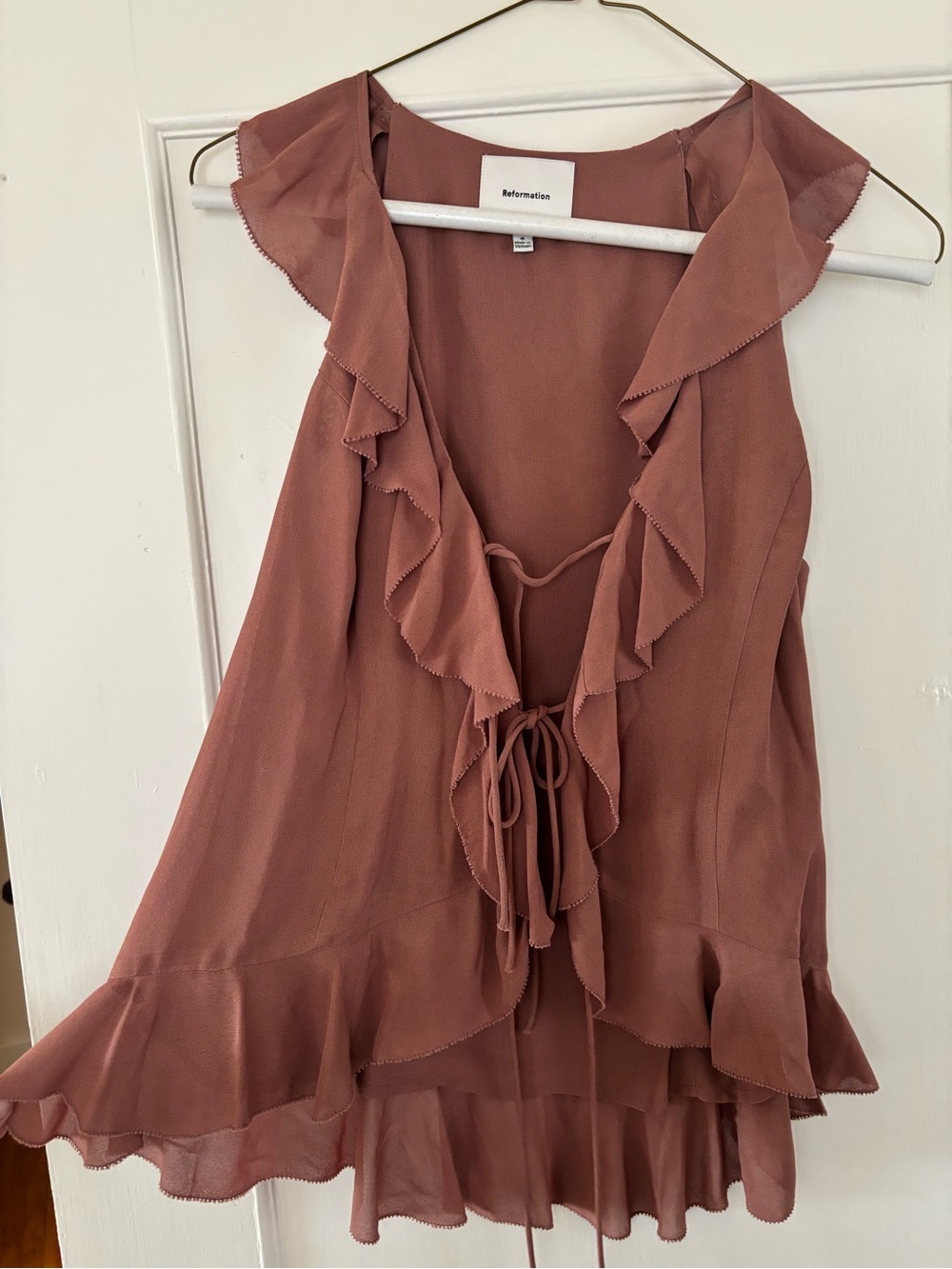 Reformation Rosewood Silk Ruffle Tie-Front Tank
